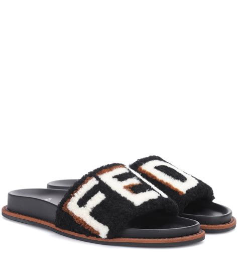 fur slides fendi|Fendi leather flat slides.